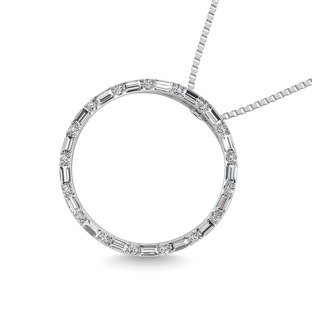 Diamond 1/5 Ct.Tw. Round and Baguette Cut Open Circle Pendant in 10K White Gold