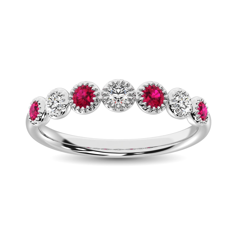 Diamond 1/5 Ct.Tw. And Ruby Stack Band in 14K White Gold ( 3 Diamond and 4 Ruby )