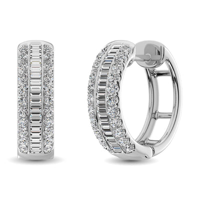 14K White Gold Round and Baguette Diamond 1/2 Ct.Tw. Hoop Earrings