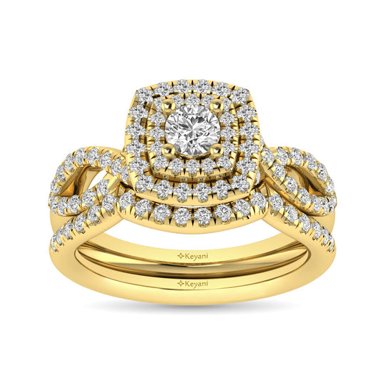 Diamond  Twist Shank Double Halo Bridal Ring 1 ct tw Round Cut in 14K Yellow Gold