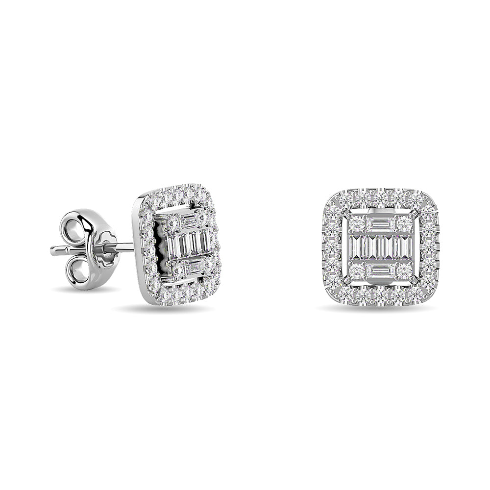 Diamond 1/3 Ct.Tw. Round and Baguette Fashion Earrings in 14K White Gold