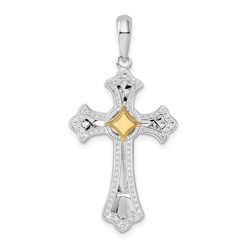 Sterling Silver Diamond-cut Fleur de Lis Cross w/14k Accent Pendant
