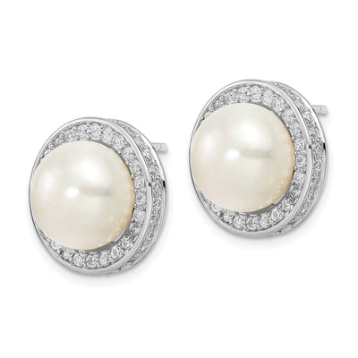 Sterling Silver Cheryl M Rh-p CZ 12mm FW Cultured Pearl Stud Earrings