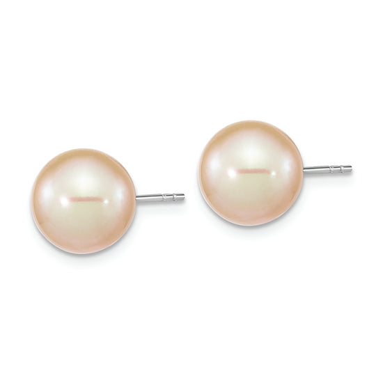 Sterling Silver Rhodium-plated 9-10mm Pink Round FWC Pearl Post Earrings