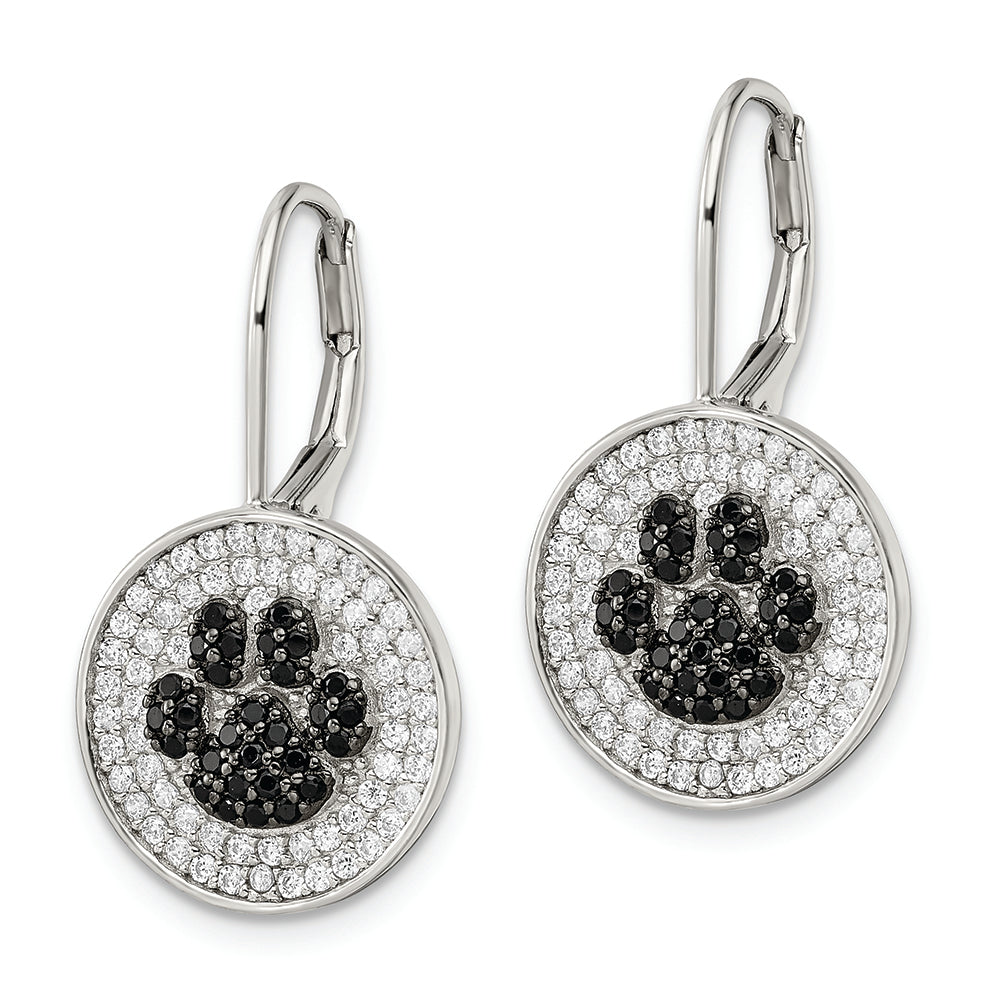 Sterling Silver Polished CZ Paw Print Leverback Earrings