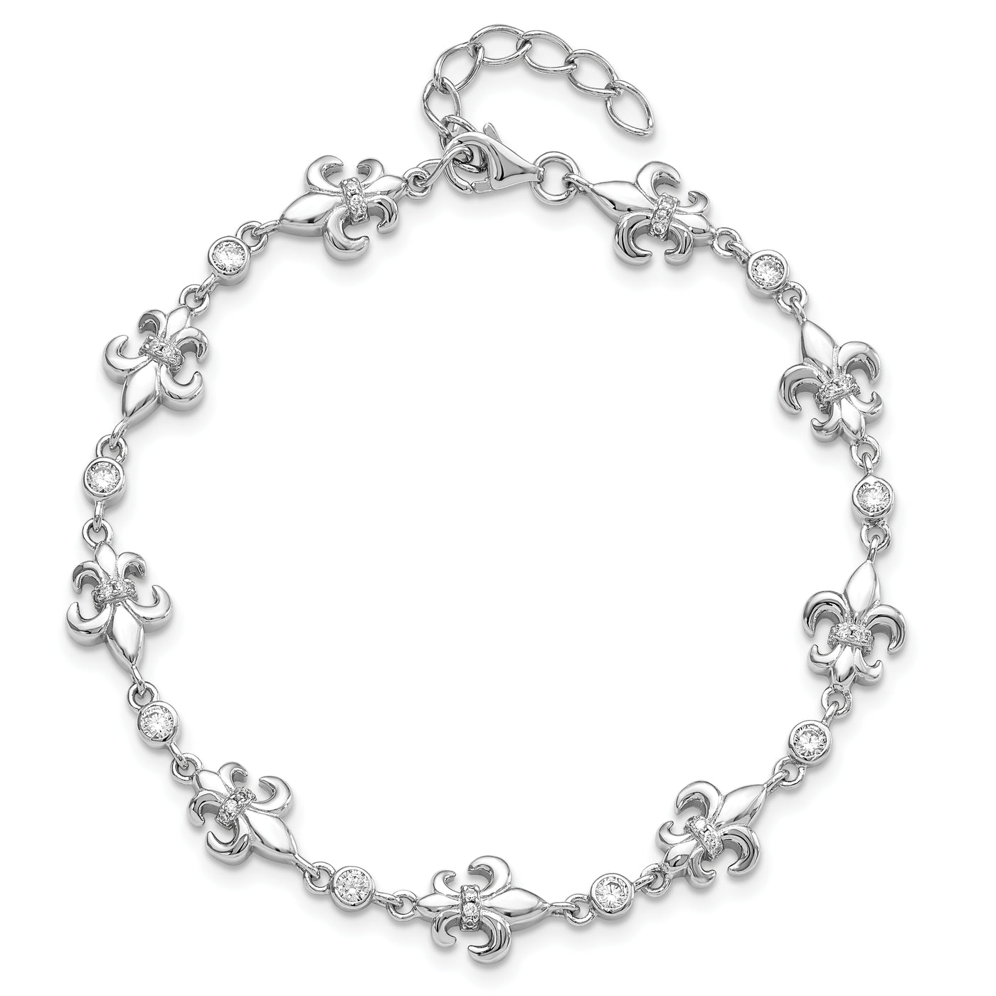Sterling Silver Rhodium-plated CZ Fleur de Lis w/ 1in ext. Bracelet