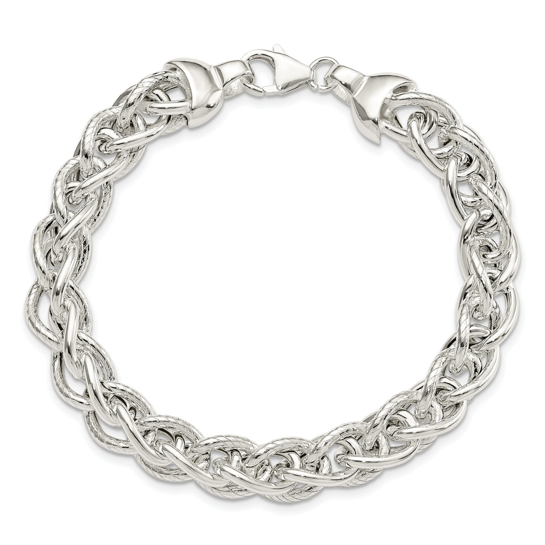 Sterling Silver Polished & Textured Fancy Oval Link 7.5in Bracelet