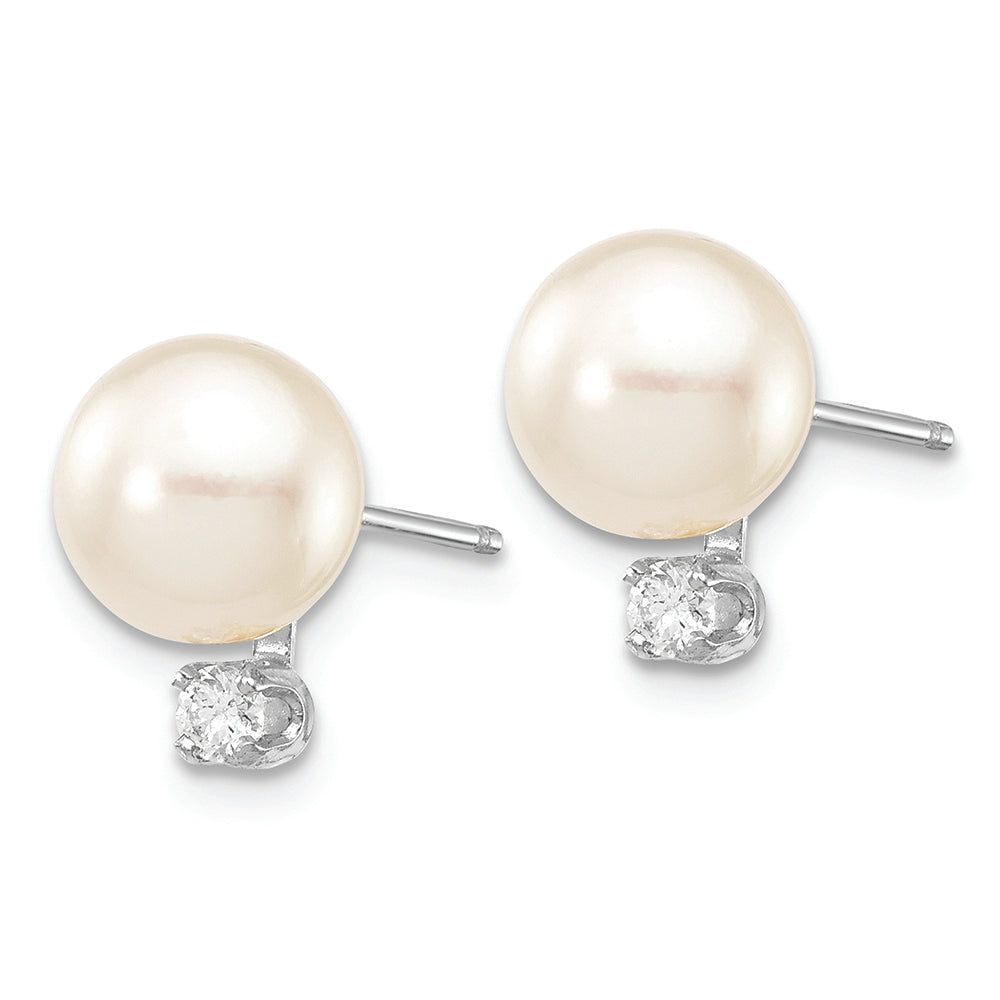 14KW 7-8mm Round White Saltwater Akoya Pearl .10ct.Diamond Earrings
