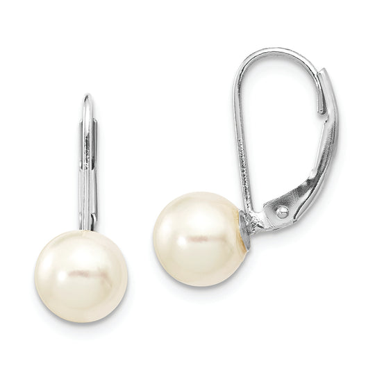14K White Gold 7-8mm Round White Saltwater Akoya Pearl Leverback Earrings