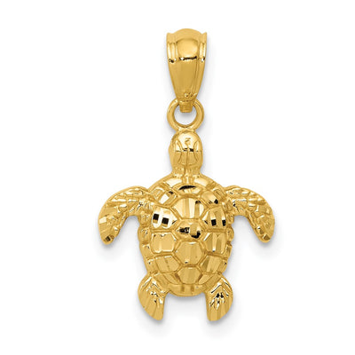 14K Gold Polished and Textured Diamond-cut Turtle Pendant