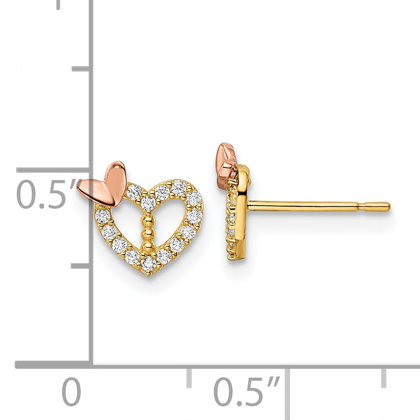 14k Two-tone CZ Heart w/Butterfly Post Earrings